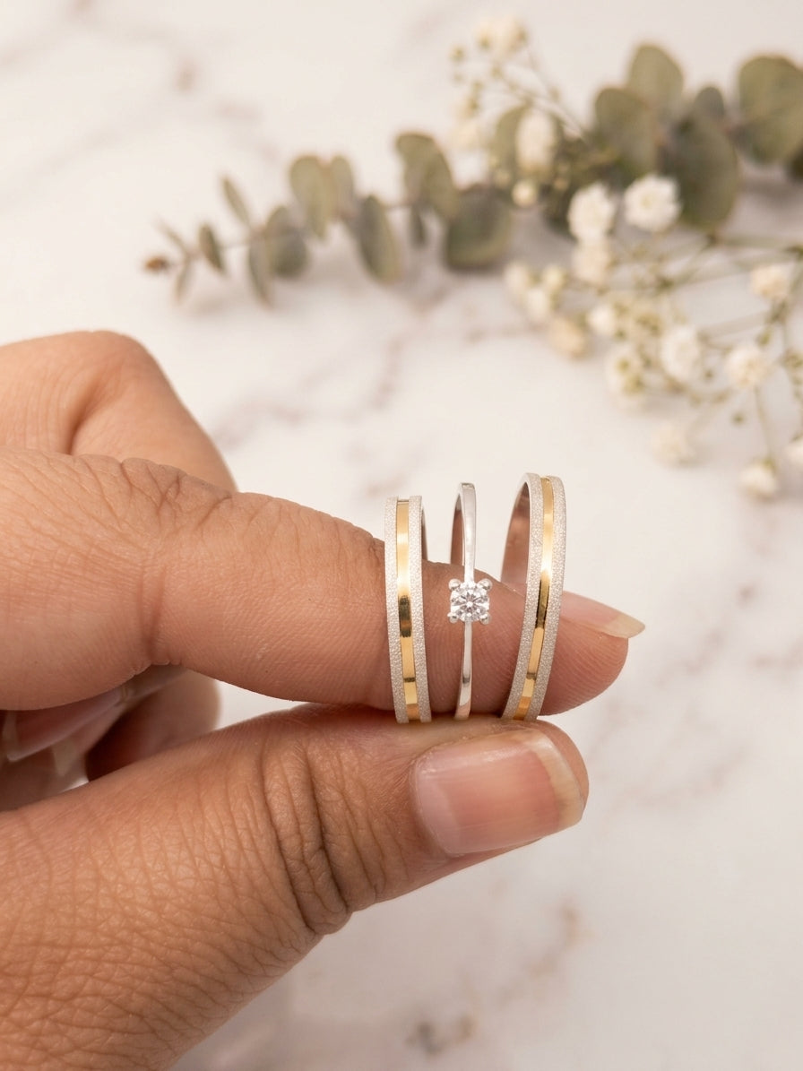 Aliança 3,5mm diamantada com friso dourado + Solitário